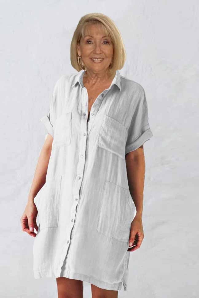 Plus Size Cotton and Linen Long Style with Medium Sleeves Irregular Pocket Dress Shirt Dress