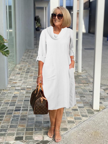 Cowlneck Long Roll-tab Sleeves Tunic Dress