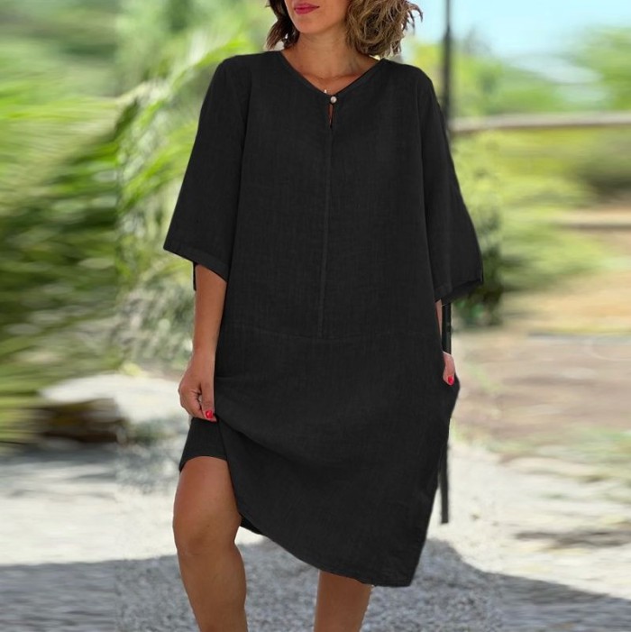 Plus Size Autumn Linen V-neck 3/4 Sleeves Dress