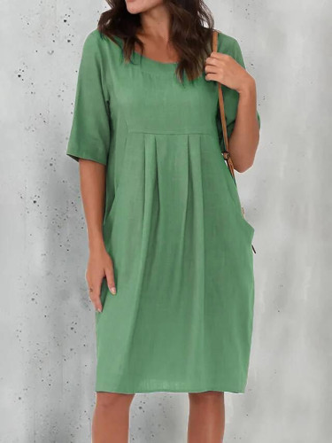 Plus Size Summer New Pleated Pocket Casual round Neck Dress for Women