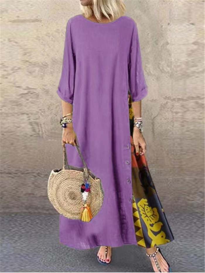 Floral round Neck Contrast Color Button Stitching 3/4 Sleeve Dress