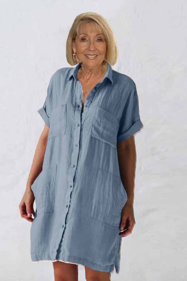 Plus Size Cotton and Linen Long Style with Medium Sleeves Irregular Pocket Dress Shirt Dress
