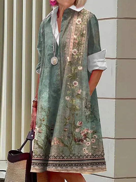 Printed Mid-Length Long Sleeve Shirt Dress for Women
