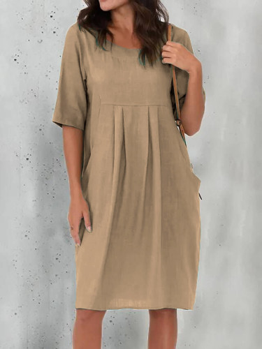 Plus Size Summer New Pleated Pocket Casual round Neck Dress for Women