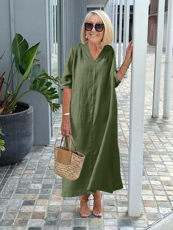 Middle Sleeve Cotton V-neck Tunic Dress Plus Size