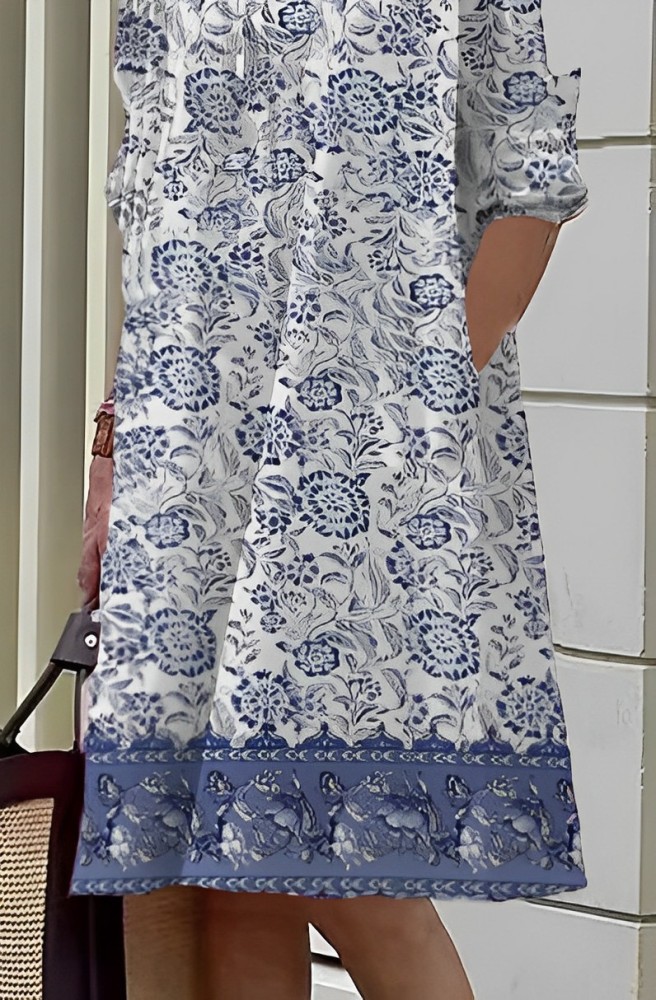 Flowers Print Mid-Length Long Sleeve Shirt Dress for Women