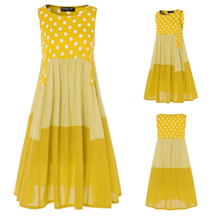 Polka Dot Sleeveless Dress Mid-Length Cotton and Linen Waist Trimming Slimming Dress