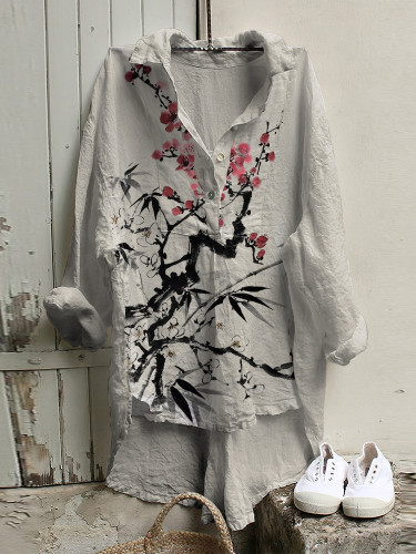 Vintage Ink Floral Art Loose Shirt