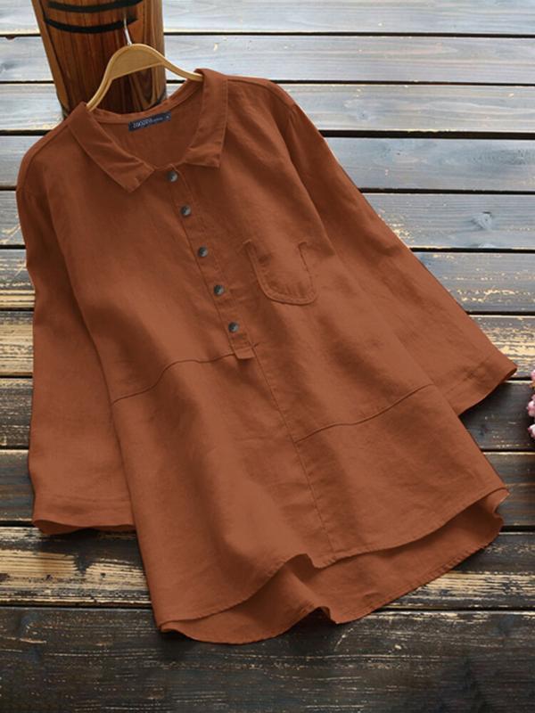 Casual Solid Color Shirt Lapel Collar Long Sleeve Cotton Blouse