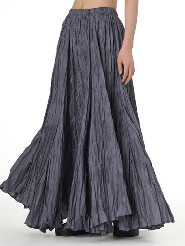 Elegant Wrinkled Pleated Elastic Waist Solid Maxi Skirt