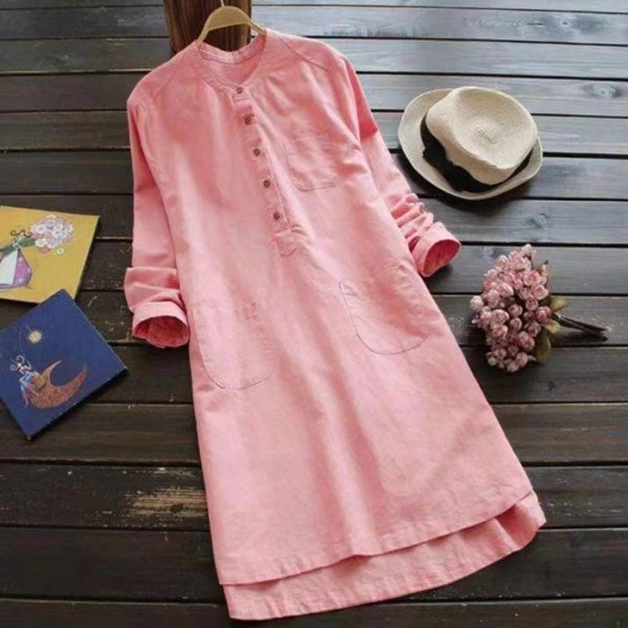 Vintage Solid Button Comfy Long Sleeve Midi Dress