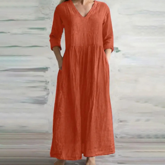 Solid Comfortable Casual Pocket V-Neck 3/4 Sleeve Pleated Maxi Dress