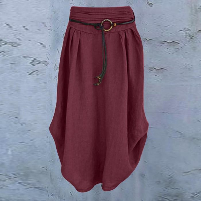Vintage Plain Pleat Cotton Linen Loose Casual Skirt