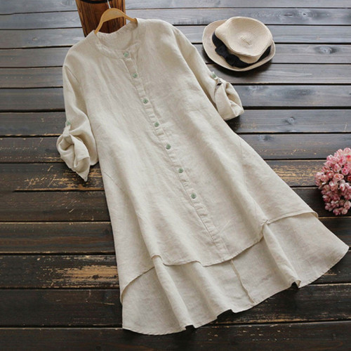 Vintage Button Cotton Linen Midi Dress