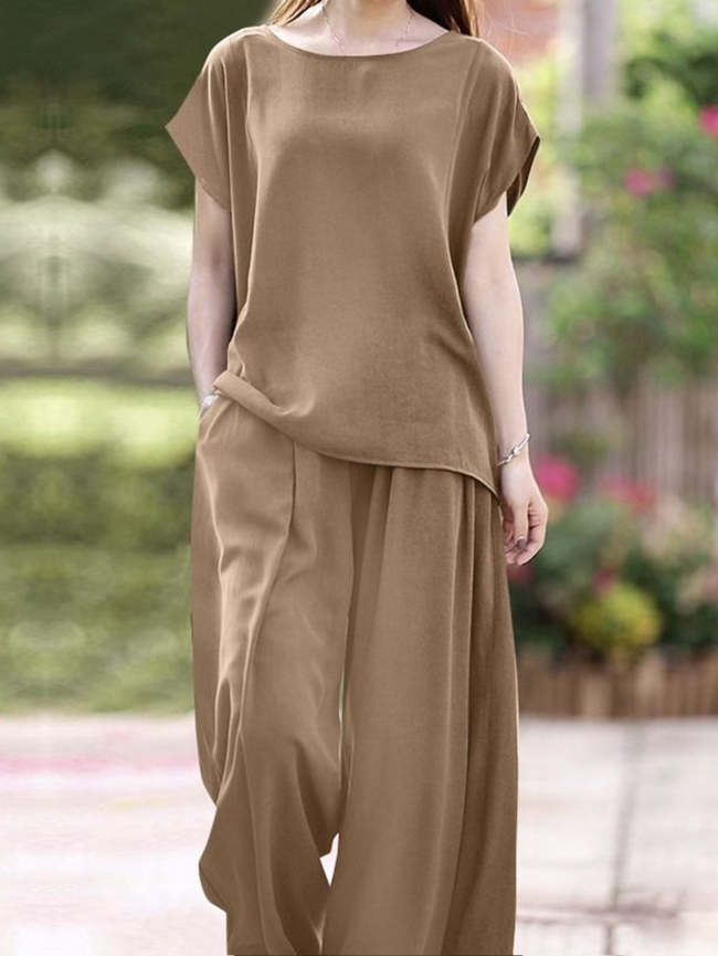 Minimalist Solid Color Short Sleeve Loose Shirt & Wide Leg Pants 2Pcs Set