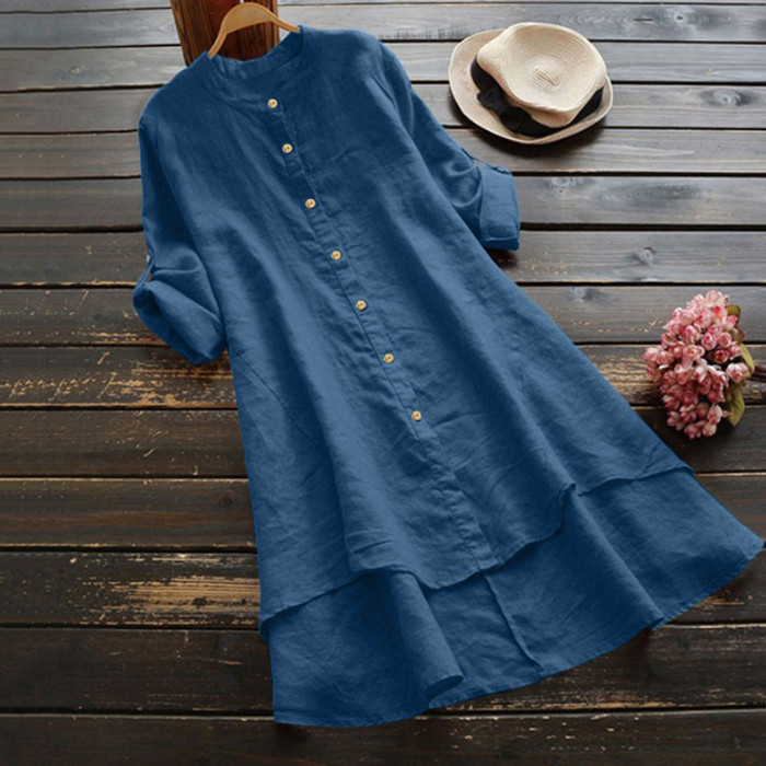 Vintage Button Cotton Linen Midi Dress