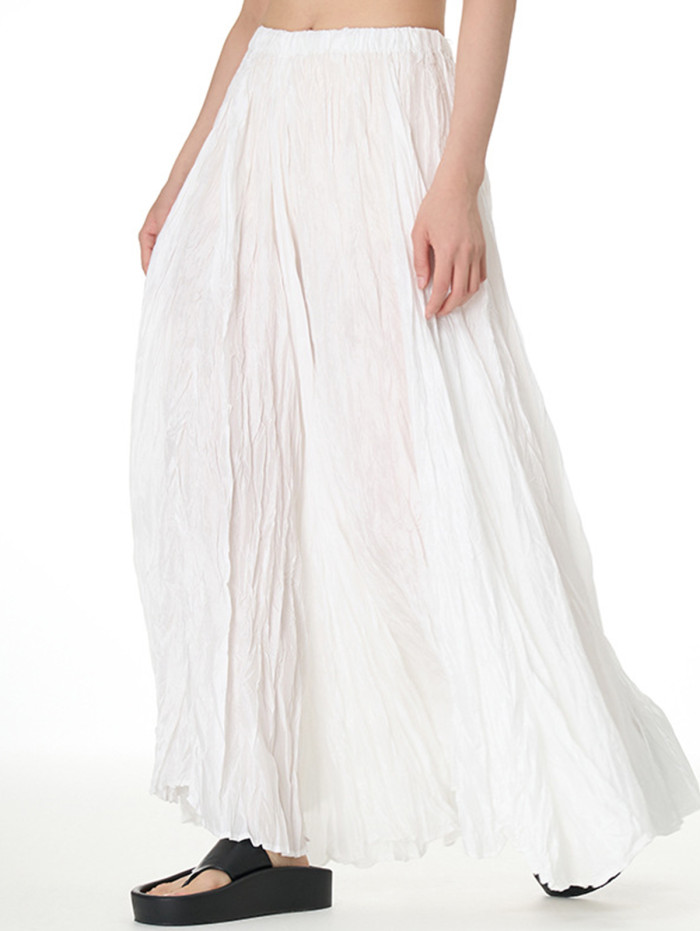 Elegant Wrinkled Pleated Elastic Waist Solid Maxi Skirt