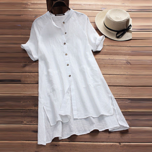 Vintage Slit Up Button Down Cotton Linen Comfy Midi Dress