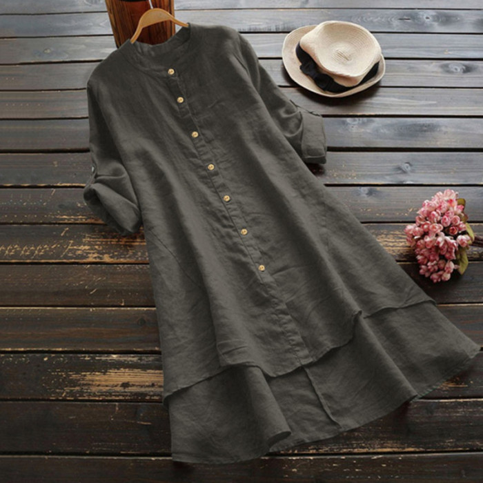 Vintage Button Cotton Linen Midi Dress