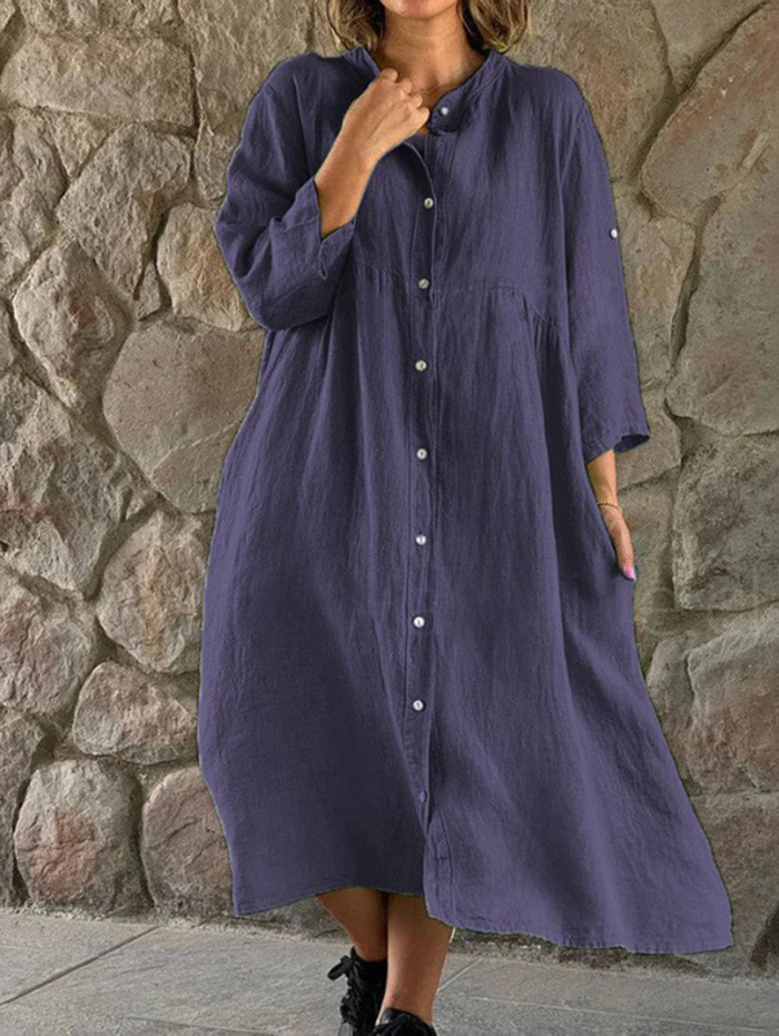 Casual Plain Stand Collar 3/4 Sleeve Single Breasted Midi Dress