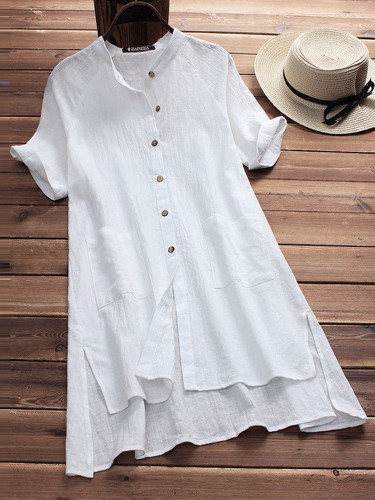 Vintage Slit Up Button Down Cotton Linen Comfy Midi Dress