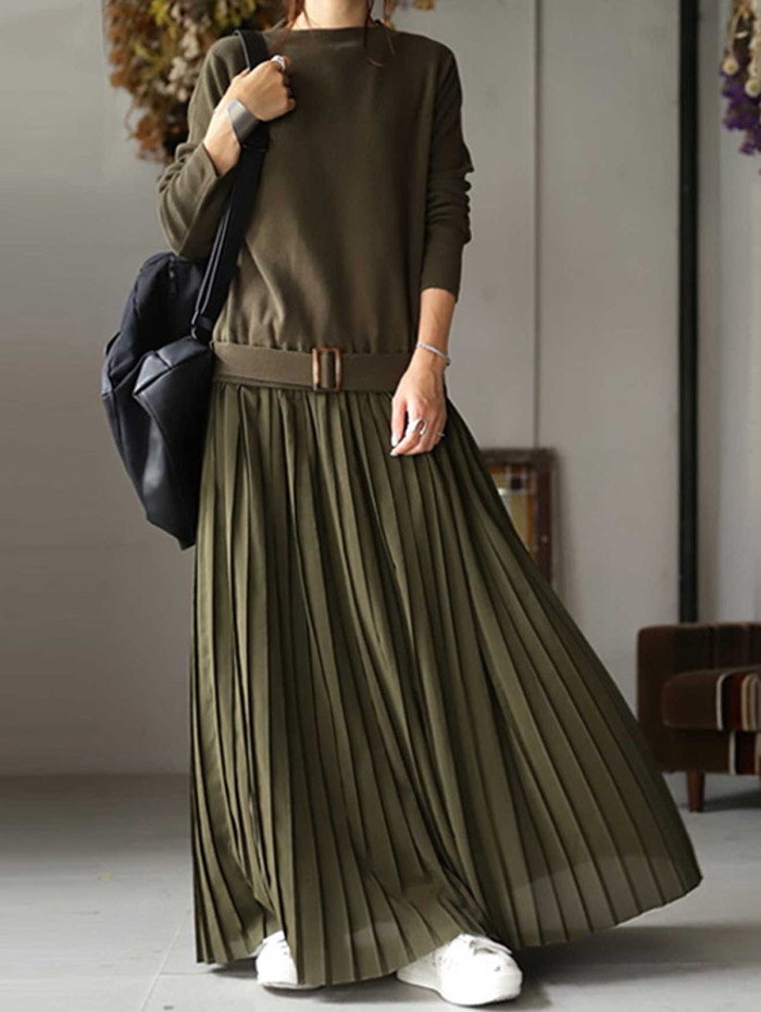 Stylish Long Sleeve Splice Drop-Waist Belted Pleated Maxi Dress
