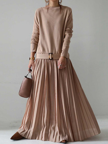 Stylish Long Sleeve Splice Drop-Waist Belted Pleated Maxi Dress