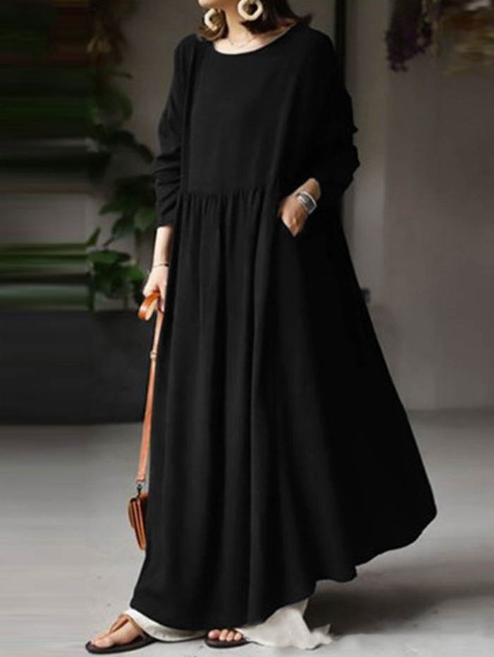 Daily Crew Neck Long Sleeve Pocket Solid Loose Maxi Dress