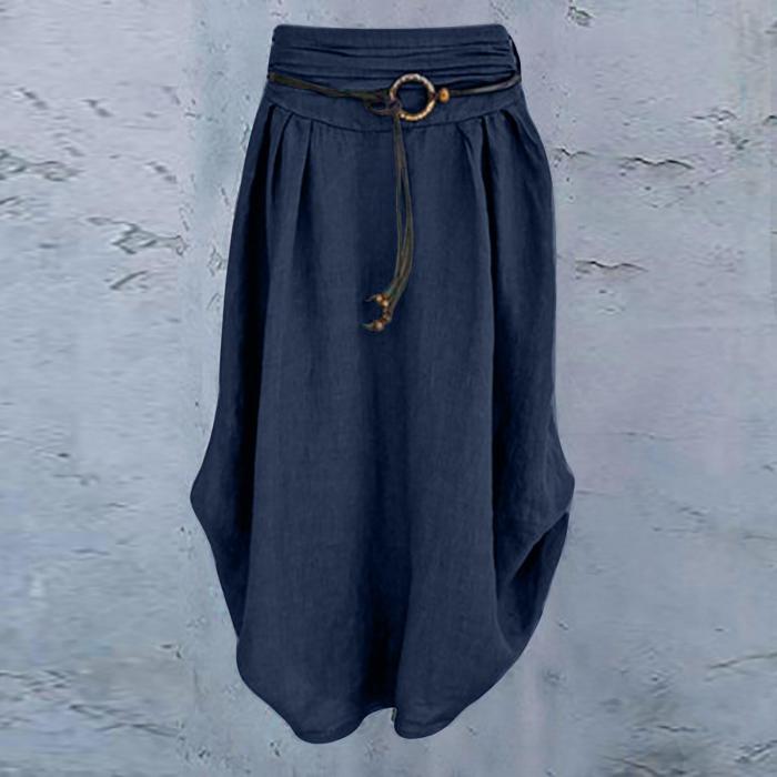 Vintage Plain Pleat Cotton Linen Loose Casual Skirt