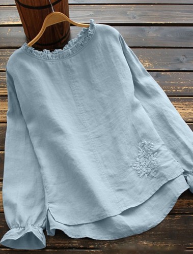 Women'S Embroidered Crew Neck Long Sleeve Relaxed Linen Top