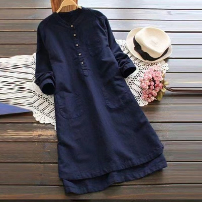 Vintage Solid Button Comfy Long Sleeve Midi Dress