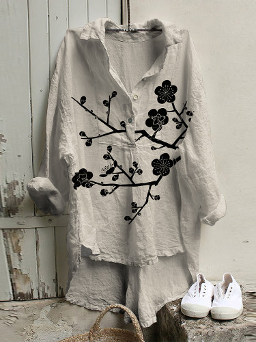 Vintage Japanese Art Sakura Cotton Linen Button Casual Shirt