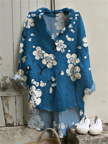 Plum Blossom Japanese Lino Art High Low Tunic
