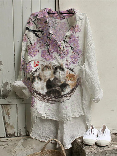 Cats under Floral Tree Japanese Art High Low Tunic
