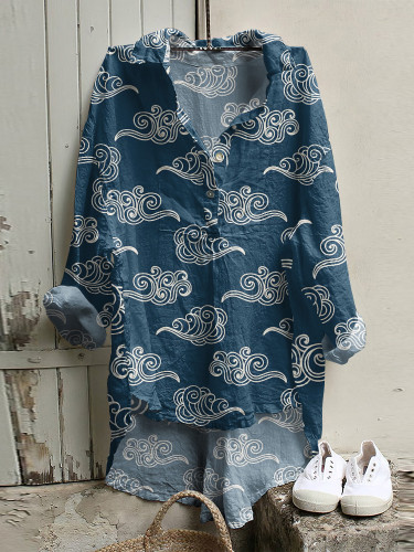 Japanese Art Cloud Print Long Sleeve Casual Shirt