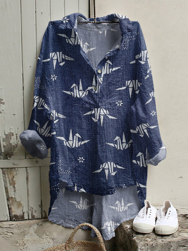 Japanese Art Paper Crane Print Long Sleeve Casual Shirt