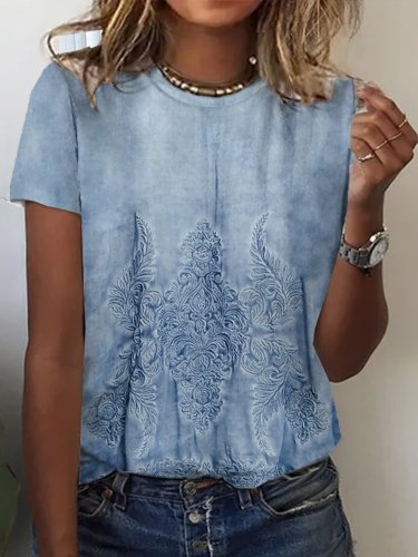 Casual Round Neck Ethnic Short-sleeved T-shirt