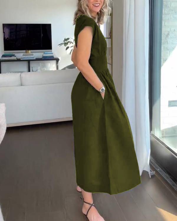Elegant Solid Cotton Linen Elastic Waist Maxi Dress