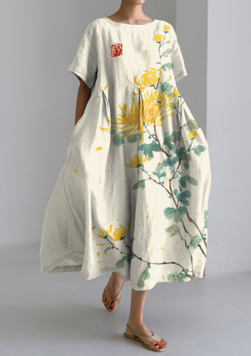 Japanese Style Chrysanthemum Loose Short-sleeved Dress