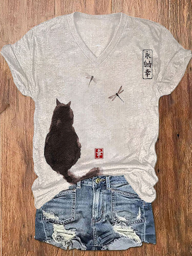 Ink Painting Black Cat Japanese Art Print Vintage V-neck T-shirt