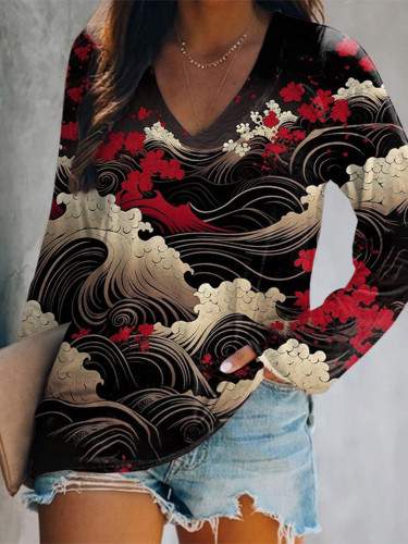 Wave Plum Blossom Japanese Print Long Sleeve T-Shirt