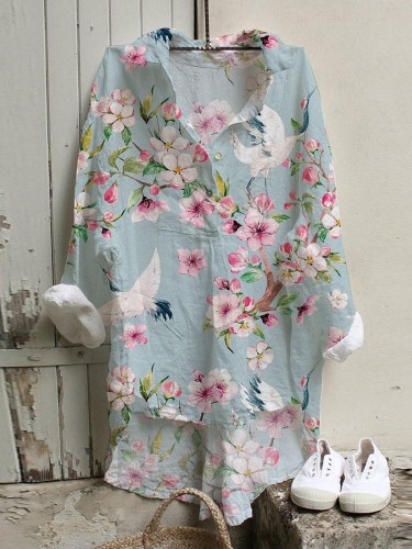 Japanese Cherry Blossom Crane Print Casual Loose Shirt