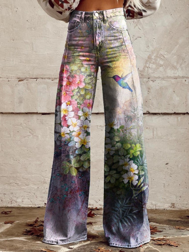 Women's Floral Hummingbird Print Casual Wide Leg Pants