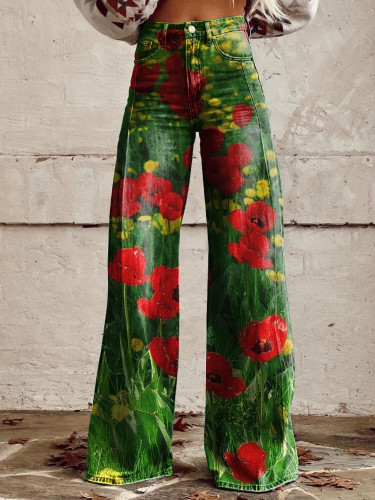 Women's Retro Poppy Print Casual Wide Leg Pants