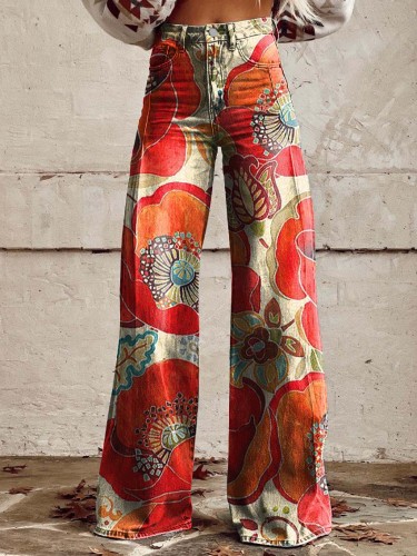 Women's Poppy Print Casual Wide Leg Pants