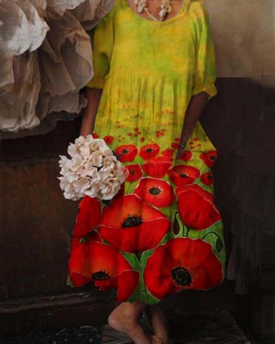 Retro Poppy Casual Short Sleeve Midi Dress
