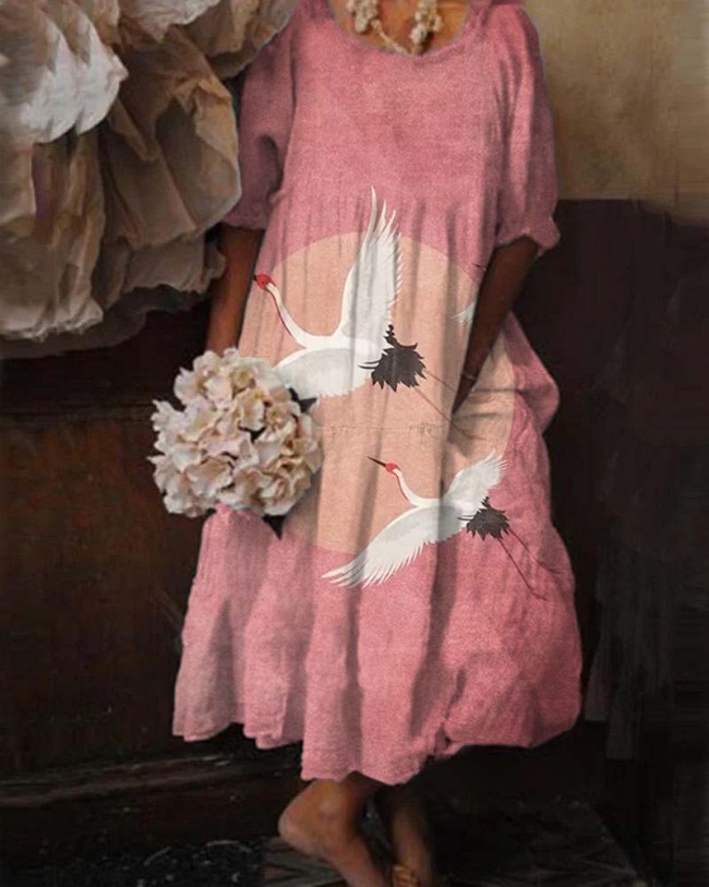 Japanese Crane Pink Short-sleeved Midi Dress