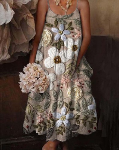 Boho Floral Sleeveless Casual Midi Dress