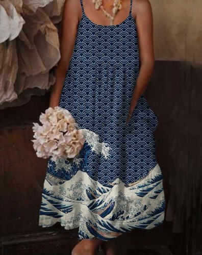 Japanese Art Wave Print Loose Sleeveless Dress