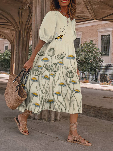 Flying Bee Embroidery Art And Flowers Midi Dress